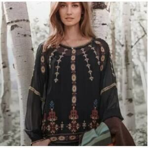 Sundance Mythical Spirit Silk Top Small Embroidered Top Sheer Long Sleeve Boho